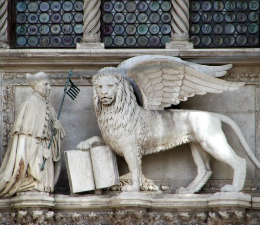 Mark’s Gospel is True History The winged Lion of St Mark Statue at St Mark's Basilica in Venice, Italy.