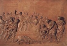 The Error of Ananais and Sapphira of Acts 5 Bas relief sculpture of the death of Sapphira from Acts chapter 5