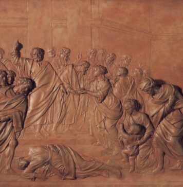 Ananais and Sapphira: a lesson of Acts 5 Bas relief sculpture of the death of Sapphira from Acts chapter 5