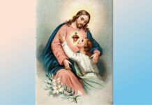 June is for the Sacred Heart of Jesus Prayer card image of a believing soul embracing Christ's Sacred Heart, in colour