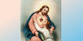 June is for the Sacred Heart of Jesus Prayer card image of a believing soul embracing Christ's Sacred Heart, in colour
