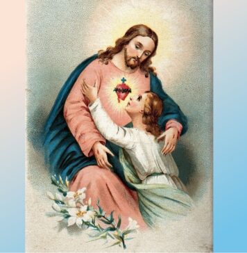 June is for the Sacred Heart of Jesus Prayer card image of a believing soul embracing Christ's Sacred Heart, in colour