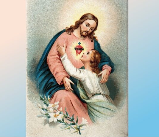 June is for the Sacred Heart of Jesus Prayer card image of a believing soul embracing Christ's Sacred Heart, in colour