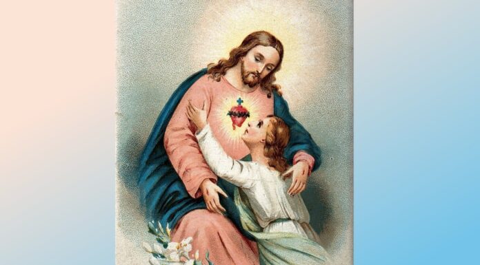 June is for the Sacred Heart of Jesus Prayer card image of a believing soul embracing Christ's Sacred Heart, in colour