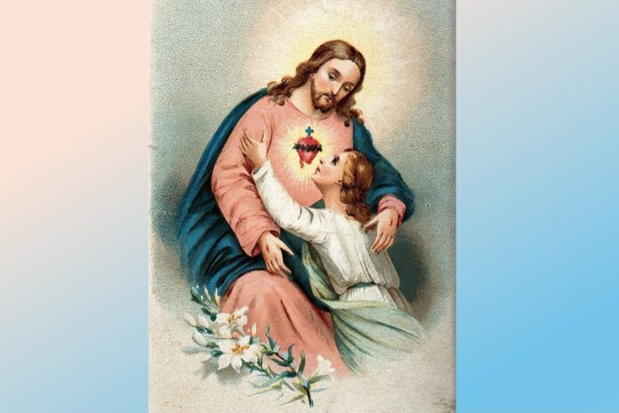 Prayer card image of a believing soul embracing Christ's Sacred Heart, in colour