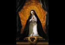 Lessons of a Young Nun on the Sacred Heart of Jesus A nun kneels before the Sacred Heart of Jesus, backed by golden clouds of angels and glory