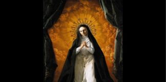 Lessons of a Young Nun on the Sacred Heart of Jesus A nun kneels before the Sacred Heart of Jesus, backed by golden clouds of angels and glory
