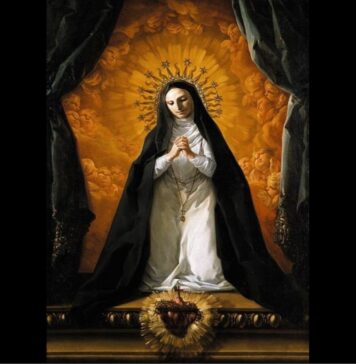Lessons of a Young Nun on the Sacred Heart of Jesus A nun kneels before the Sacred Heart of Jesus, backed by golden clouds of angels and glory