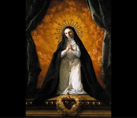 Lessons of a Young Nun on the Sacred Heart of Jesus A nun kneels before the Sacred Heart of Jesus, backed by golden clouds of angels and glory