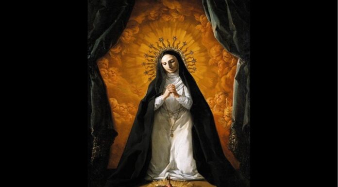 Lessons of a Young Nun on the Sacred Heart of Jesus A nun kneels before the Sacred Heart of Jesus, backed by golden clouds of angels and glory