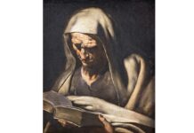 Mystical-Literal Interpretation of Scripture A cowled old-Testament prophet reads scripture in a mysterious half-light