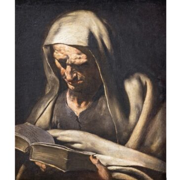 Mystical-Literal Interpretation of Scripture A cowled old-Testament prophet reads scripture in a mysterious half-light