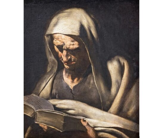 Mystical-Literal Interpretation of Scripture A cowled old-Testament prophet reads scripture in a mysterious half-light
