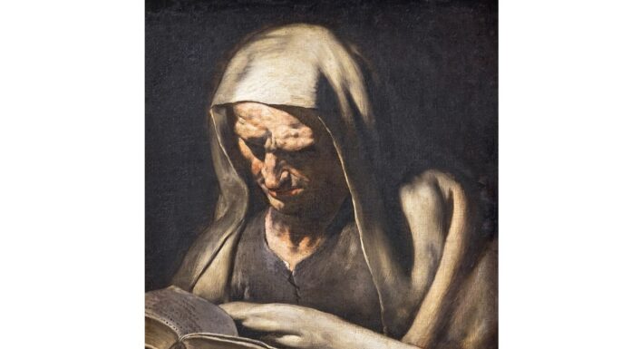 Mystical-Literal Interpretation of Scripture A cowled old-Testament prophet reads scripture in a mysterious half-light