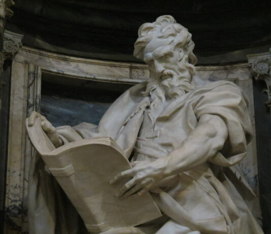 Matthew’s Marvelous Metanoia Rusconi statue of St Matthew holding a large tome