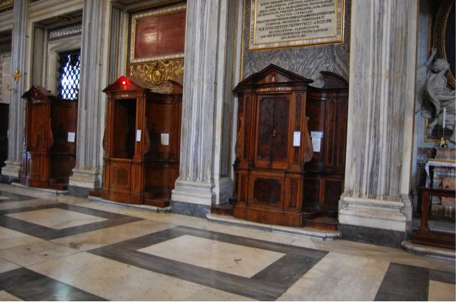 “Light’s on” at the elegant baroque confessionals at Santa Maria Maggiore, in Rome (image from the New Liturgical Movement).