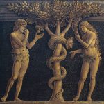 Adam and Eve committing original sin, detail from Virgin of Victory, 1496, by Andrea Mantegna (1431-1506), tempera on canvas, 280×166 cm